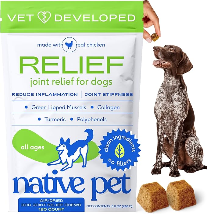 Native Pet Pain Relief for Dogs - Collagen for Dogs Promotes Joint Health, Reduce Inflammation & Stiffness - Senior Pup Joint Supplement - Natural Pain Reliever for Active & Aging Pets - 120 Chews-Mewly Pet