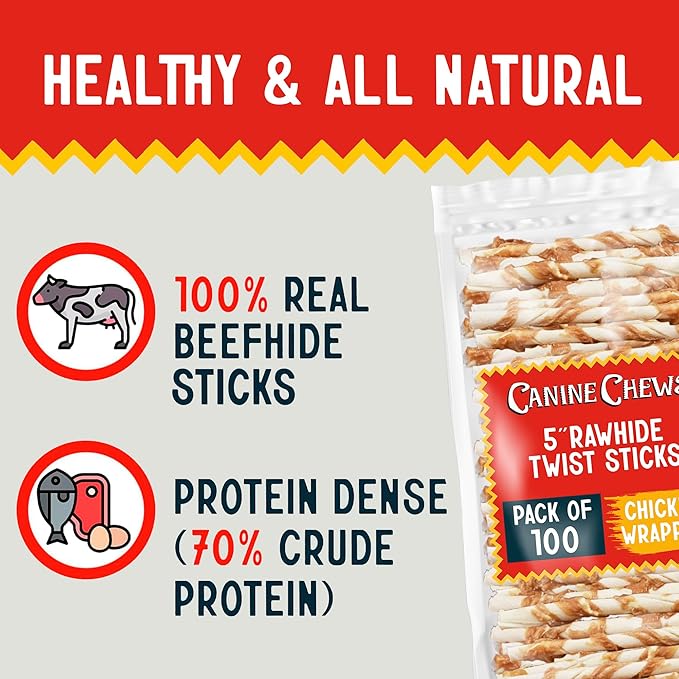 Canine Chews Chicken-Wrapped Rawhide Twists for Dogs - Pack of 100 U.S.A. Sourced Chicken Wrapped Rawhide Dog Treats, Sticks for Dogs - Premium & Natural Beefhide Chews-Mewly Pet