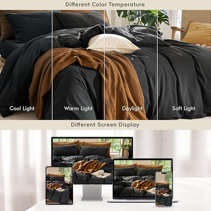 MooMee Bedding Duvet Cover Set 100% Washed Cotton Linen Like Textured Breathable Durable Soft Comfy (Solid Black, Cal King 104"x98")