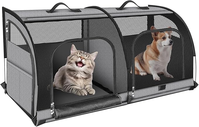 Double Cat Car Travel Carrier, Twin Compartment Show House Cat Cage/Condo，Portable Pet Crate for 2 Cats Travel Double Dog Crate Set for Long Distance Travel-Mewly Pet