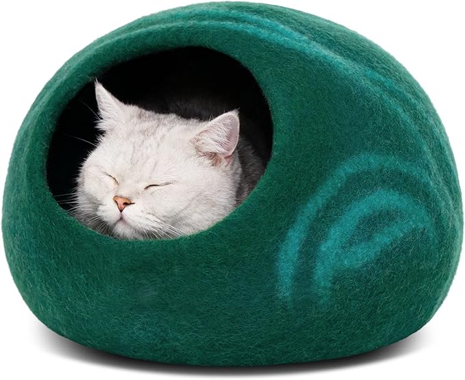 MEOWFIA Cat Cave – Premium Felt Cat Bed for Indoor Cats, Handmade 100% Merino Wool (Large, Emerald)-Mewly Pet