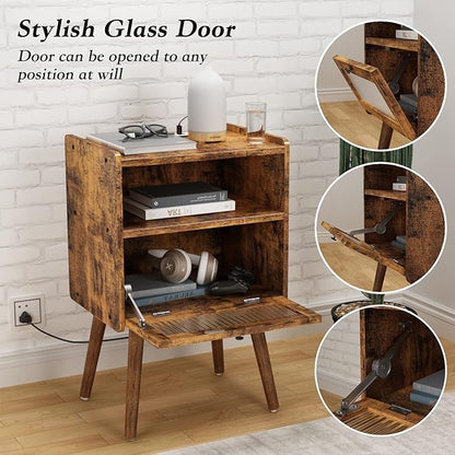 Mid Century Modern Nightstand with Charging Station, Bedside Tables with Glass Door, End Table Side Table with 2 Tiers Storage Space, for Bedroom, Living Room, Brown