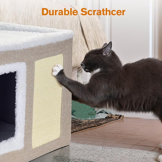 petizer Cat Bed for Indoor Cats, Large Covered Cat House with Scratch Pad, Foldable Cat Cave Bed & Hideaway Cube with Reversible Cushions, Cute Cat Condo for Multi Small Pet Kitten (Khaki)-Mewly Pet