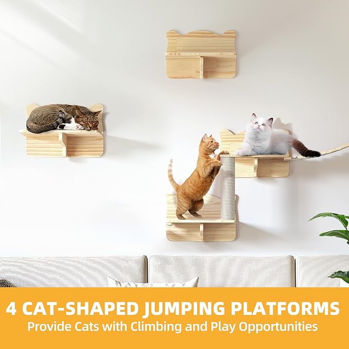 Cat Wall Shelves, Cat Wall Furniture Pine Wooden Feline Shelf, 9 Piece Shelves and Perches with Bed, House, Steps, Bridge Ladder and Scratching Post-Mewly Pet