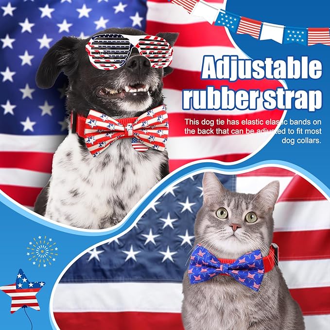 Hillban 50 Pcs Patriotic Collar Dog Bow Ties Blue and Red Star Print Dog Collar Accessories Bow Ties Attachment with Elastic Bands Detachable Charms for Pets Collar 4 of July Costume-Mewly Pet