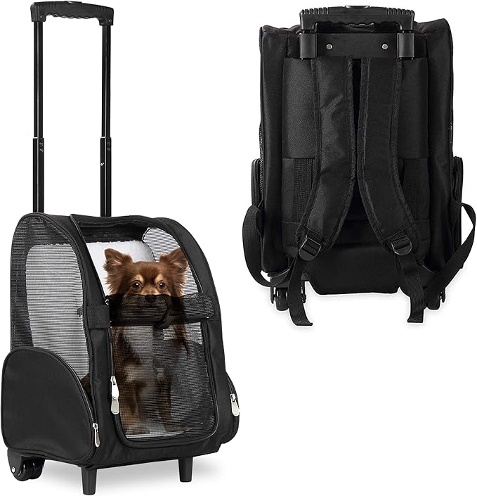 KOPEKS Deluxe Backpack Pet Travel Carrier with Double Wheels for Pets up to 10 Pounds - Black - Approved by Most Airlines-Mewly Pet
