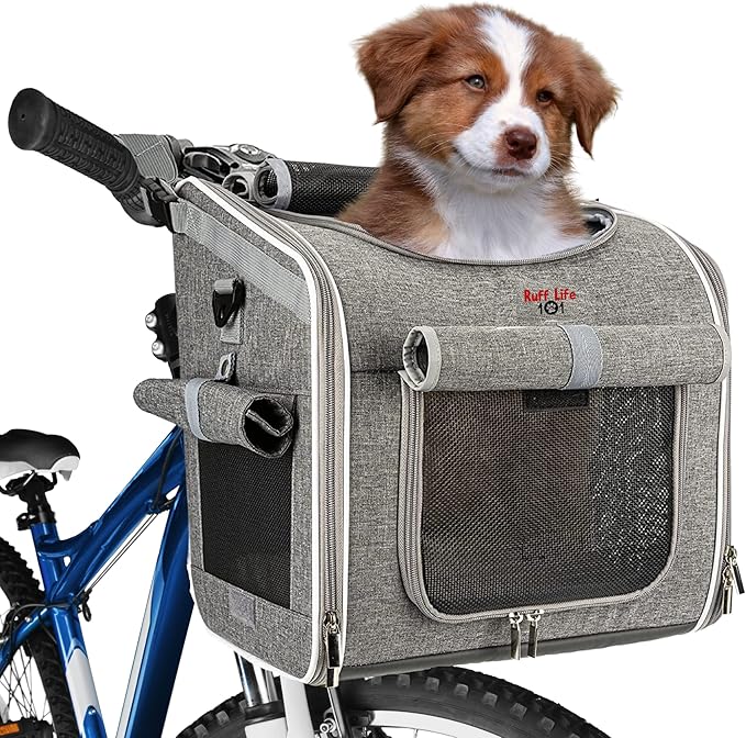 Dog Bike Basket, Expandable Soft-Sided Reflective Pet Carrier Backpack with 4 Open Doors, 4 Mesh Windows for Medium Small Dog Cat Puppies (Grey)-Mewly Pet