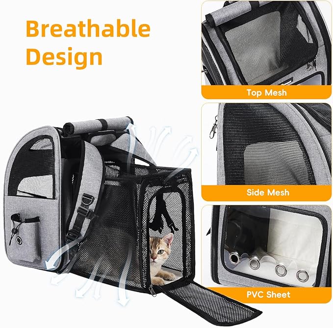 Hoopet Expandable Cat Backpack Carrier – Breathable Pet Carrier for Small Cats & Dogs, Foldable Travel Backpack with Mesh Ventilation for Hiking, Walking, Camping, Light Grey-Mewly Pet