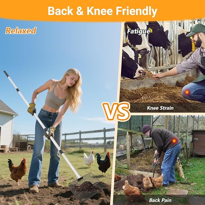 Large Metal Chicken Poop Scooper, 36 to 75" Adjustable Long Chicken Coop Litter Scoop with Stainless Steel Handle, Durable Sand Sifting Litter Shovel for Chicken Coops & Small Farm Animals-Mewly Pet