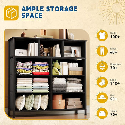 DWVO Dresser with 9 Drawers - Fabric Storage Tower, Organizer Unit for Living Room, Hallway - Sturdy Steel Frame, Wooden Top & Easy Pull Fabric Bins