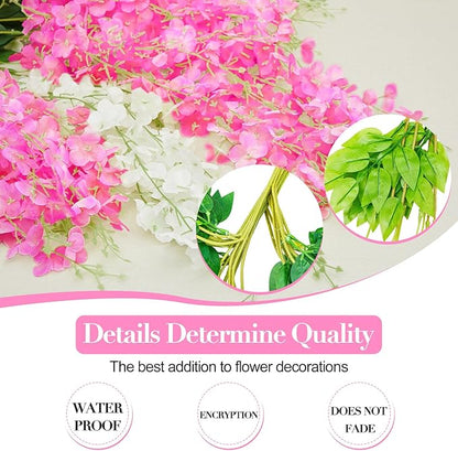 Giegxin 24 Pcs Artificial Wisteria Hanging Flowers 3.6 ft Artificial Fake Wisteria Vine Rattan Hanging Garland Silk Flowers String for Wall Home Wedding Party Greenery Decorations (Dark Pink,White)