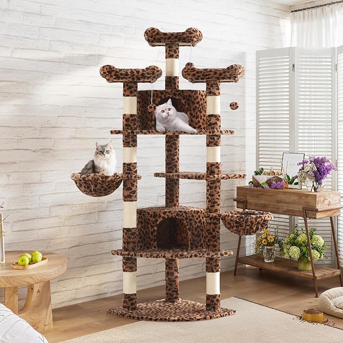 SHA CERLIN 73in Fan-Shaped Corner Cat Tower for Save Space/Multi-Level Tall Cat Tree for Indoor Kitties/Condo with Baskets/Cozy Perches/Sisal Scratching Posts/Pet Activity House/Leopard Print-Mewly Pet