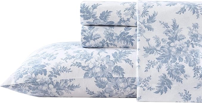 Laura Ashley - Flannel Sheets Twin Size, Anti-Pilling & Wrinkle Resistant Cotton, Touchably Soft for All-Season Comfort - Bed Sheets with Matching Pillowcase & Fitted Sheet (Vanessa Blue)