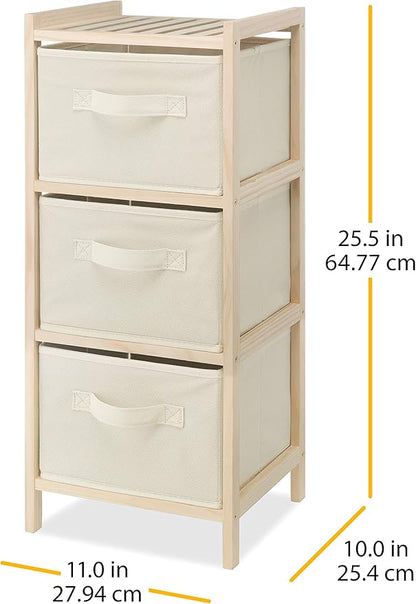 Whitmor 3 Drawer Wood Chest Organizer, Natural Pine Storage with Pull Out Fabric Bins, Easy Assembly, Compact Design for Bedroom Closet Nursery, 11.0"L x 10.0"W x 25.5"H