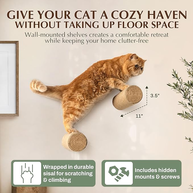 2-Pack Sisal Wall-Mounted Cat Climbing Wall Steps, Cat Wall Steps/Stairs with Sisal Scratching Surface, Wall Shelf Furniture for Climbing & Play for Kittens & Cats, Hidden Mounts-Mewly Pet