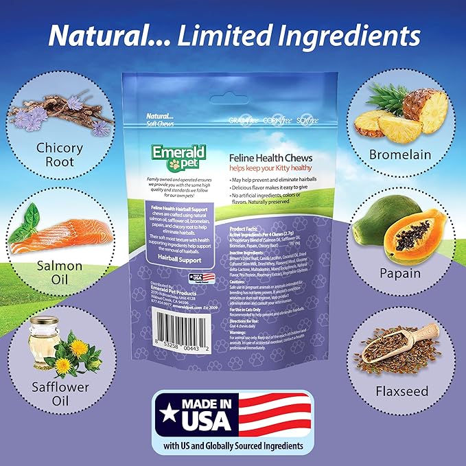 Emerald Pet Feline Health Chews Hairball Support — Natural Grain Free Feline Hairball Control Chews — Hairball Control Cat Supplements for Hairball Prevention and Elimination — Made in USA, 2.5 oz-Mewly Pet