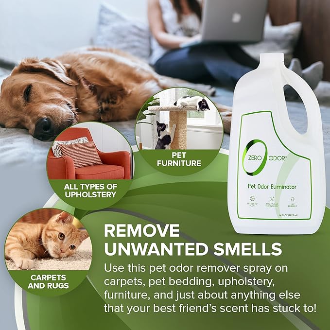 Zero Odor - Pet Odor Eliminator for strong odor, Eliminate Air & Surface Odors – Patented Molecular Technology Best For Carpet, Furniture, Beds Smell Great Again, 64oz Refill-Mewly Pet