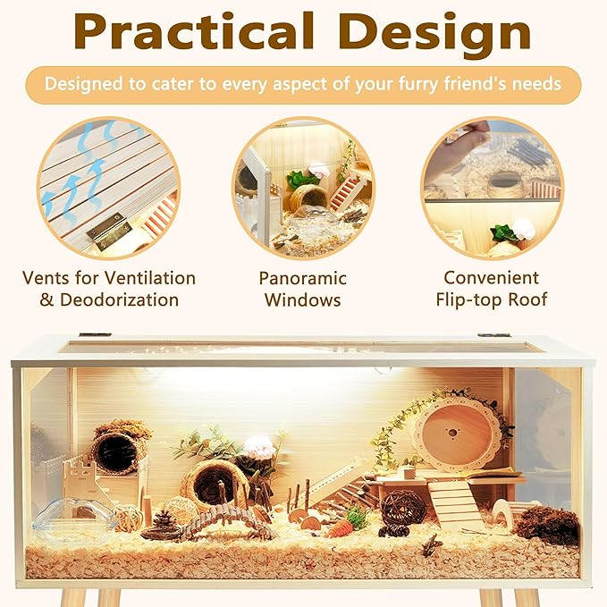 Prolee Hamster Cage Wooden Chew Proof, Extra Large Mice and Rat Habitat Openable Top with Acrylic Sheets Solid Built Small Animal Cage with Leg Stands, 48 Inch Long-Mewly Pet