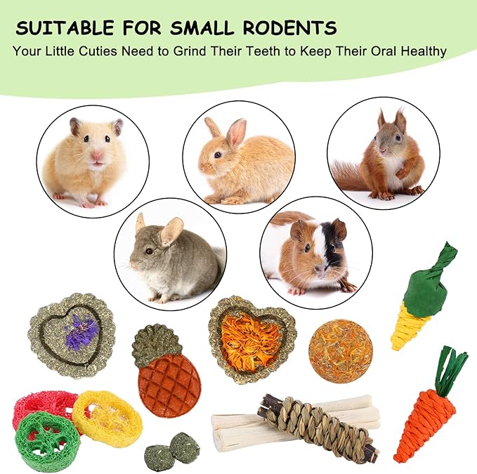 VESPRO Bunny Toys, 21PCS Rabbit Chew Toys for Teeth, Guinea Pig Natural Treats, Timothy Hay Sticks for Chinchillas Hamsters Rats, Small Animals Teeth Grinding-Mewly Pet