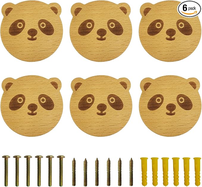 6PCS Wooden Panda Shaped Cabinet Knobs, Cabinet Handles, Single Hole Beech Wood Handles, Wood Hooks with Full Set of Screw Accessories