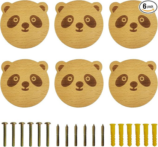 6PCS Wooden Panda Shaped Cabinet Knobs, Cabinet Handles, Single Hole Beech Wood Handles, Wood Hooks with Full Set of Screw Accessories