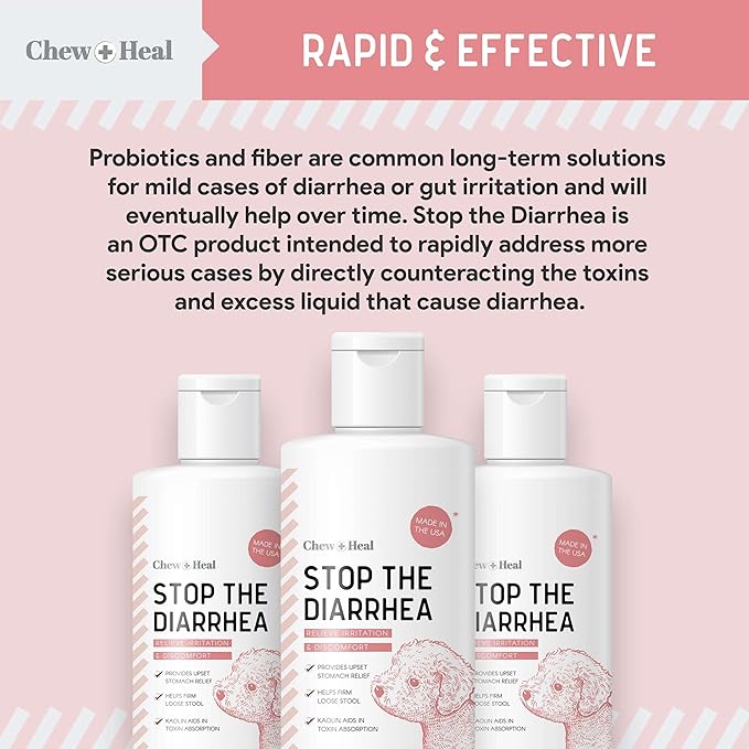 Chew + Heal Labs Anti Diarrhea for Dogs - 12 oz. of Stop The Diarrhea Liquid Supplement with Kaolin for Upset Stomach Relief - Made in The USA-Mewly Pet