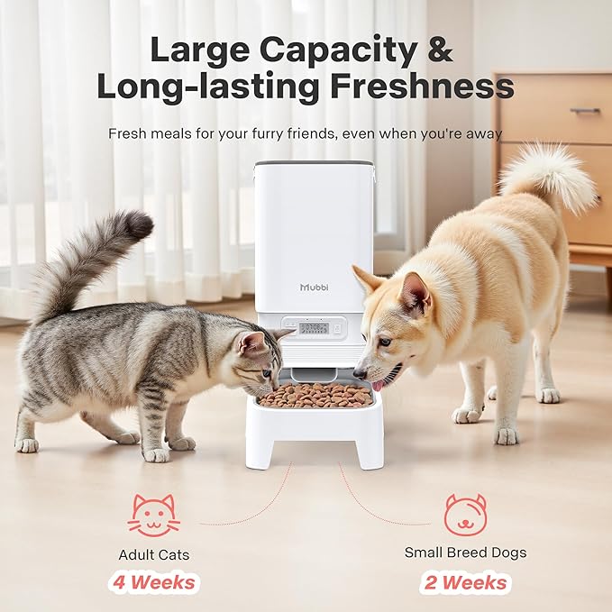 Automatic Cat Feeders, 7L/29 Cups Automatic Dog Feeder, Cat Food Dispenser, No-Jam Rotor, Up to 6 Meals for 2-15 mm Dry Food, with Elevated Stand, Stainless Steel Bowl-Mewly Pet