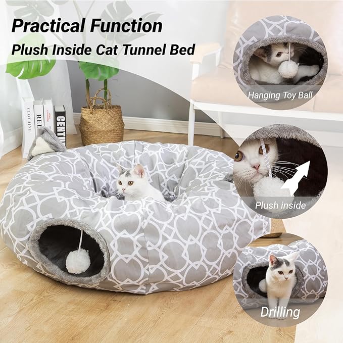 LUCKITTY Geometric Cat Tunnel Bed Oxford Outside with Plush Inside,Cats Toys Collapsible Tunnel Tube with Balls, for Rabbits, Kittens, Ferrets,Puppy 3FT-Mewly Pet