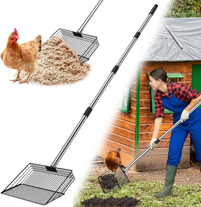 Chicken Poop Scooper for Sand - 10-inch 37 to 63" Long Chicken Coop Scoop with Stainless Steel Handle, Chicken Coop Cleaning Rake for Poop, Large Hen Litter Sifter Shovel-Mewly Pet