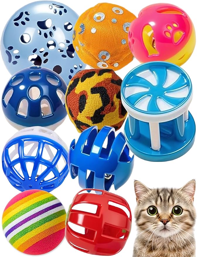 10-Pack Cat Toy Balls with Bells for Kittens and Cats of All Breeds (1.5'' - 2.2'', Cat Toys Deluxe Pack)-Mewly Pet