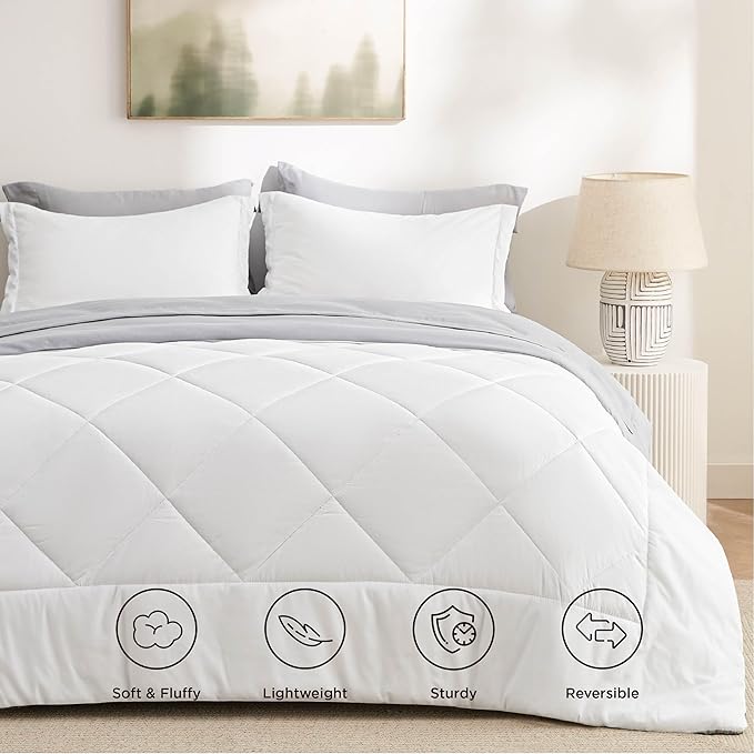 Bedsure Full Comforter Set - 7 Pieces Reversible White and Grey Bedding, Full Bed Set for All Seasons, Bed in a Bag with Down Alternative Comforter, Grey Sheets, Pillowcases & Shams