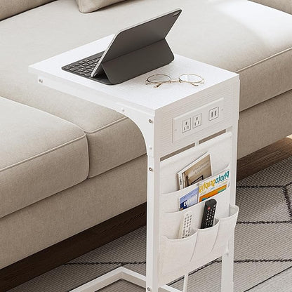 TUTOTAK C Shaped End Table with Charging Station, Side Table for Sofa, Couch Table with Storage Bag, Set of 2, TV Tray Table with 2 USB Ports and Outlets for Living Room, Bedroom, White TB01BW0242