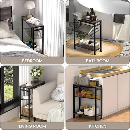 Side Table for Small Space, 3-Tier Narrow End Tablewith Magazine Holder,Slim Nightstand, Skinny Snack Couch Table in Living Room, Bedroom Study and Balcony(Ash Brown)