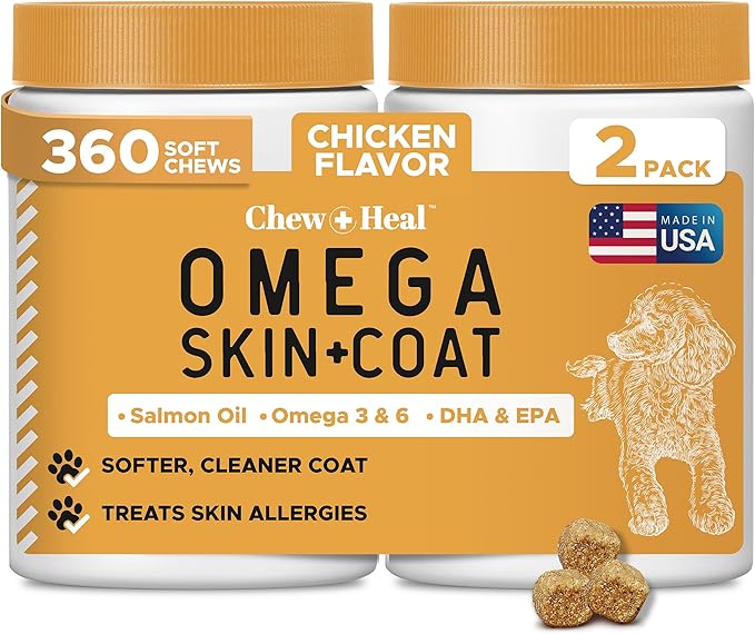 Omega 3 Fish Oil for Dogs -360 Soft Chew Omega Treats for Skin and Coat -Salmon Oil Blend of Essential Fatty Acids, Vitamins, Antioxidants, Minerals -Made in USA (2 Packs of 180, Chicken Flavor)-Mewly Pet