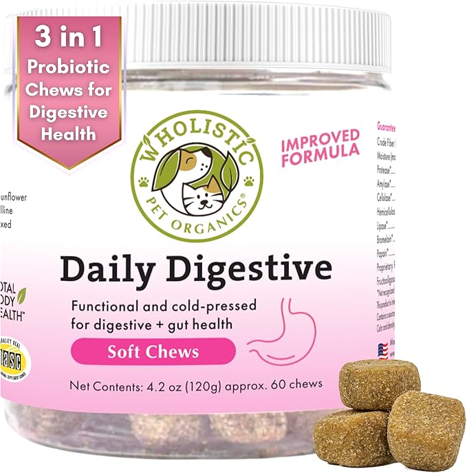 Wholistic Pet Organics: Probiotic Chews for Dogs Digestive Health - 60 Count - Dog Probiotics and Digestive Enzymes - Support Gut Health Immune Supplement Prevents Dog Digestive Problems-Mewly Pet