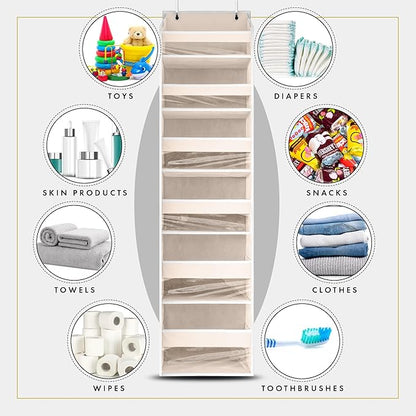 HOMELUX THEORY 1 PC Heavy Duty Over the Door Organizer 55x14x6.7, 6 Large Front & 12 Side Pockets, Hanging Storage Closet Door Organizer for Bedroom, Bathroom and Baby Nursery Storage (Ivory)