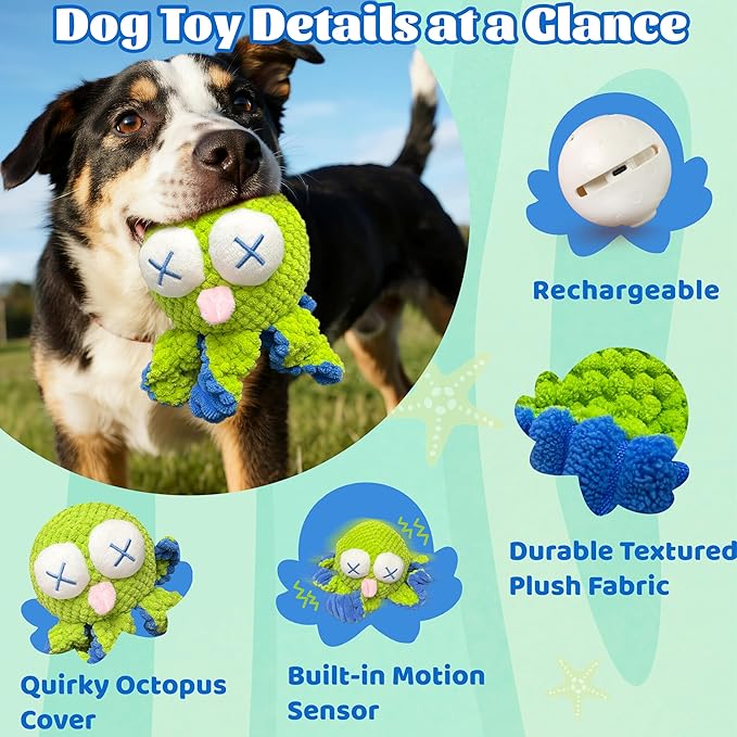 Interactive Octopus Dog Toys – Rechargeable Dog Squeaky Toy with Bouncing Ball, Music, Recording & Silent Modes – Moving Toys to Keep Dogs Busy for Small, Medium & Large Breeds-Mewly Pet