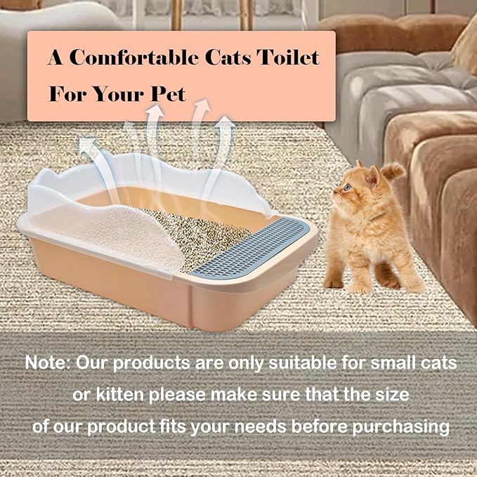 kathson Open Cat Litter Box with High Side,Anti-Splashing Cats Litter Pan Semi-Enclosed Removable Cats Litter Boxes with Litter Sifting Scoop Open Top Kitty Toilet for Easy to Clean(Khaki)-Mewly Pet