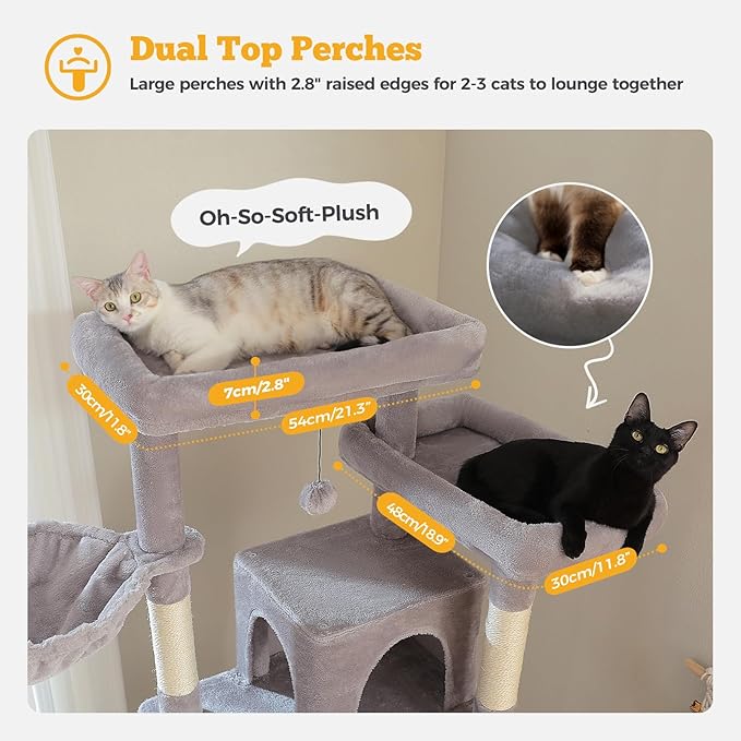 81" Heavy Duty Cat Tree for Large Cats up to 20lbs - Extra Tall Cat Tower with Metal Frame Hammock, 6 Sisal Scratching Posts, 2 Perches - Indoor Cat Furniture for Maine Coon, Big Cats, Gray-Mewly Pet