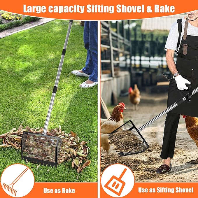 Chicken Poop Scooper and Rake with Ergonomic Handle, 2 in 1 Large Metal Chicken Coop Scoop for Poop with Adjustable Stainless Steel Pole, Sand Sifting Shovel for Chicken Coop Accessories-Mewly Pet