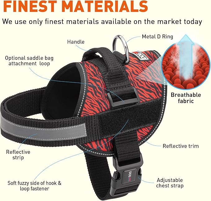 Dogline Dog Harness, Reflective No-Pull Adjustable Vest with Handle for Walking, Training, Breathable, No - Choke Harness for Small, Medium or Large Dogs Room for Patches Zebra Black/Red M 22"-28"-Mewly Pet