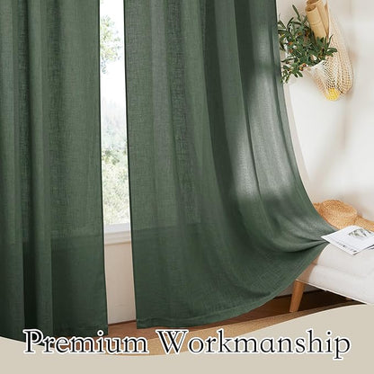RYB HOME Olive Green Linen Sheer Curtains 84 inches, 2 Panels Rod Pocket Living Room Gauze Curtains Semi Sheer Light Filtering Drapes for Farmhouse Bedroom Office, W 52 x L 84