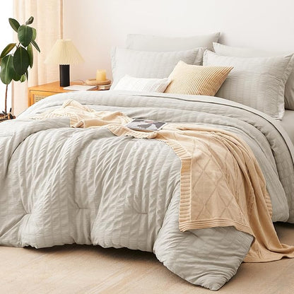 CozyLux Twin XL Comforter Set with Sheets Seersucker Beige 5 Pieces Bed in a Bag, Twin Extra Long Luxury Soft Bedding Sets for College Dorm with Down Alternative Comforter, Sheets, Pillowcases & Shams