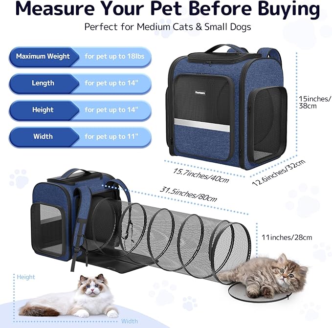 Pawtners Cat Carrier Backpacks Expandable Pet Backpack with Breathable Mesh, Pet Carrier Backpack for Cats Small Dogs Puppies Up to 18 Lbs, Dog Carrier Backpack for Travel Hiking Camping Outdoor Blue-Mewly Pet