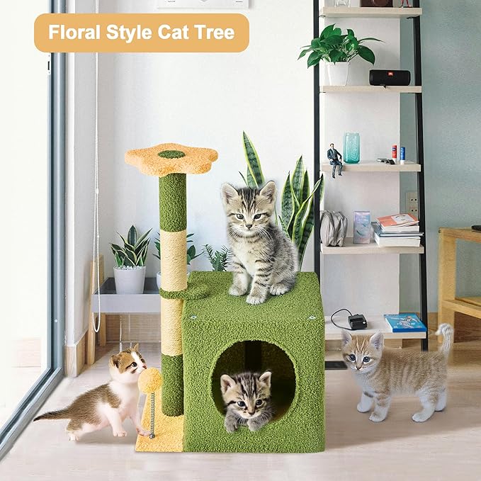 24 Inch Cat Tree Condo for Indoor Cats with Floral Sisal Scratching Post, Plush Hang Ball Play Furniture for Kittens Cats, Yellow-Mewly Pet