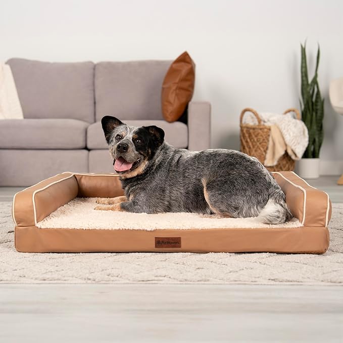 FurHaven Orthopedic Dog Sofa Bed – Memory Foam Couch with Bolsters, Textured Plush & Water-Resistant Cover, Washable Cover, Joint Support - Camel, Large-Mewly Pet