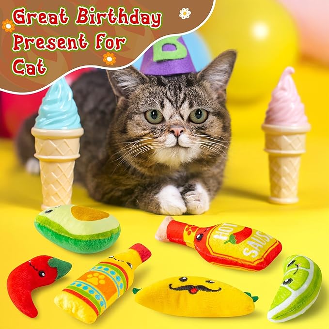 L1rabe Mexican Catnip Stuffed Toys - Hispanic Heritage Month 6Pcs Funny Cat Toys for Cat Lovers Gifts, Carnival Sause Avocado Indoor Kitten Chew Bite Kick Interactive Pet Supplies Kitten Birthday Gift-Mewly Pet