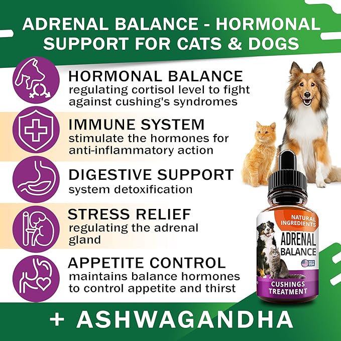 Adrenal Balance for Dogs and Cats - Cushings Treatment for Pets, Adrenal Support w/ Ashwagandha, Licorice Root, Rhodiola Rosea - 2oz Herbal Drops-Mewly Pet