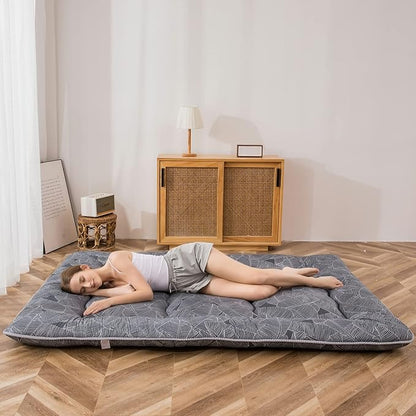 MAXYOYO Black Leaf Printed Japanese Futon Floor Mattress, Thicken Sleeping Pad Floor Bed Roll Up Camping Guest Mattress Folding Couch Bed, Full Size
