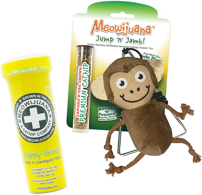 Meowijuana Jump 'n' Jamb Door Hanging Cat Toy Bundle | Funky Monkey + Happy Grass Blend | Refillable Interactive Catnip Toy | Promotes Play and Cat Health | Potent Catnip Grown in North America-Mewly Pet